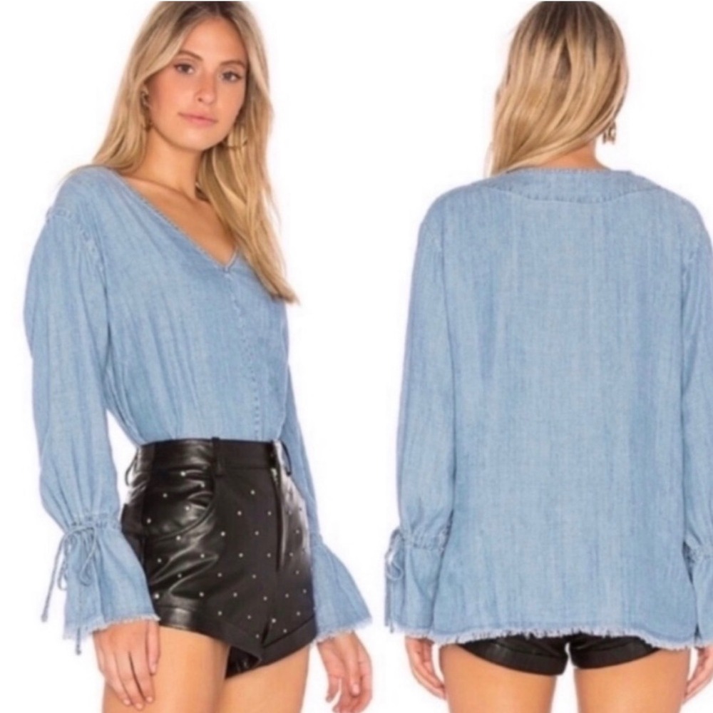 Rails Zimi Denim V‎ Neck Bell Sleeve Frayed Hem Shirt Top XS